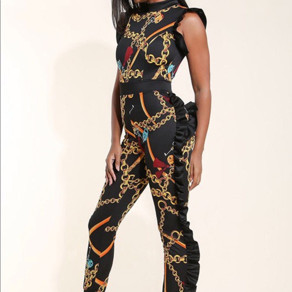 Multi Print Black Gold Chain Ruffl Jumpsuit Romper - Picture 2 of 4